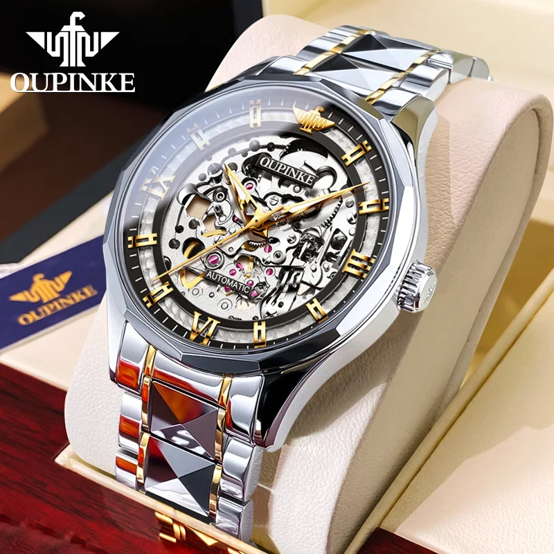 OUPINKE 3209 Men\'s Watches 5Bar Waterproof Skeleton Roman Numeral Dial Original Fully Automatic Mechanical Wrist Watches for Men