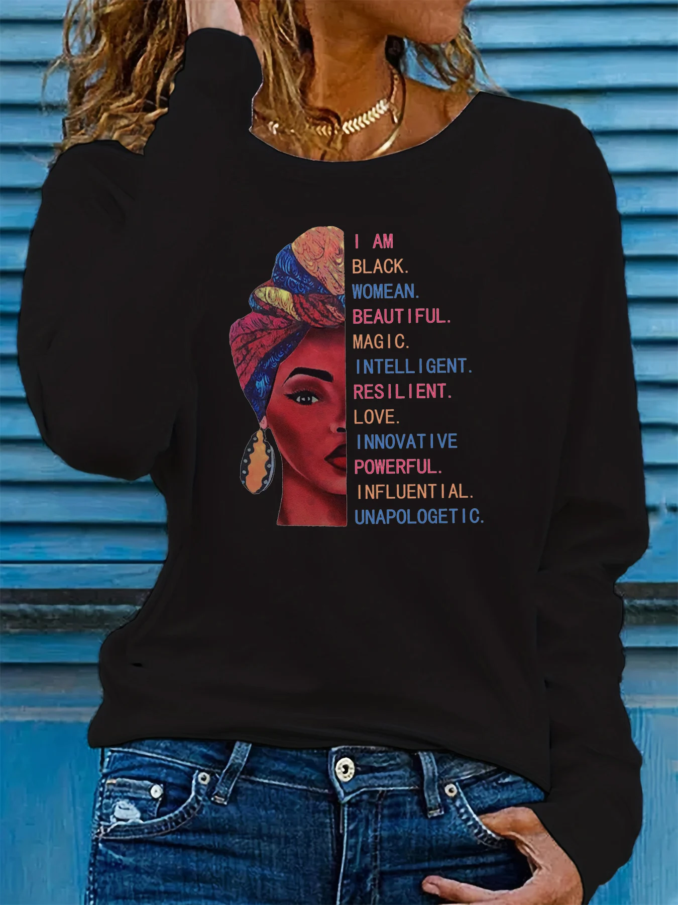 

100% pure cotton women's spring and autumn loose casual letter portrait pattern printed long sleeved round neck T-shirt