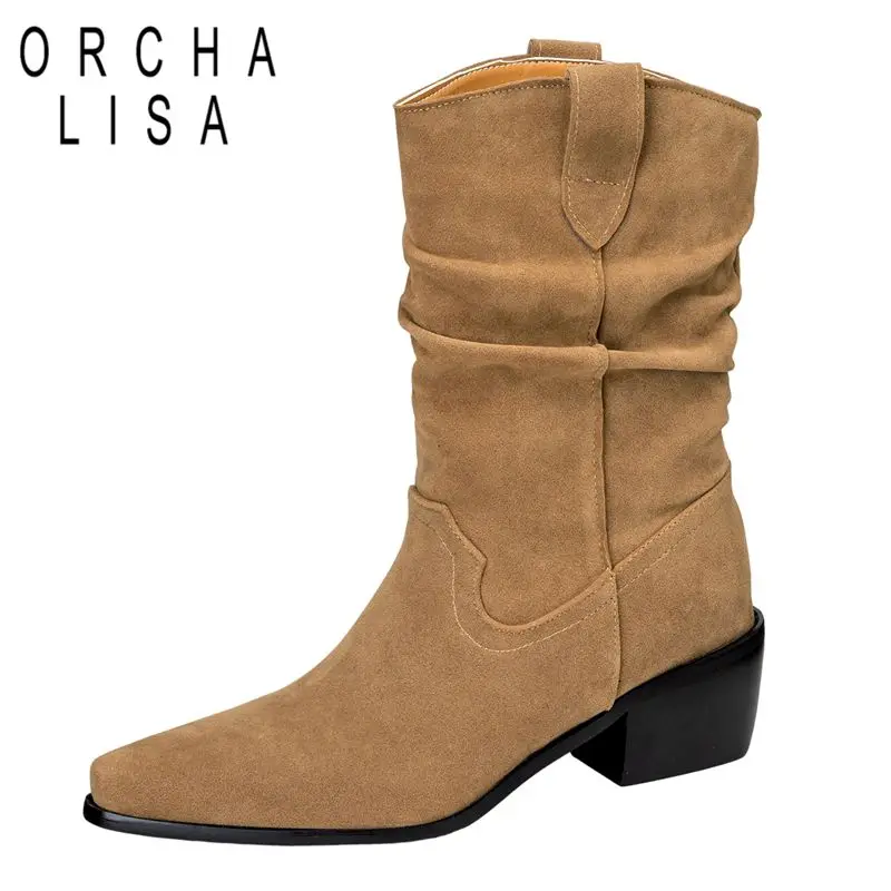 

ORCHA LISA Design Женские ботинки в стиле вестерн из флока, замшевые туфли с острым носком, блочные каблуки 5,5 см, слипоны, большие размеры 46 47 48, модная обувь до середины икры