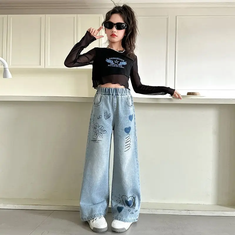 2026 New Girls Denim Jeans Spring Autumn Loose Wide Leg Straight Pants Super Soft Casual Trousers Trendy