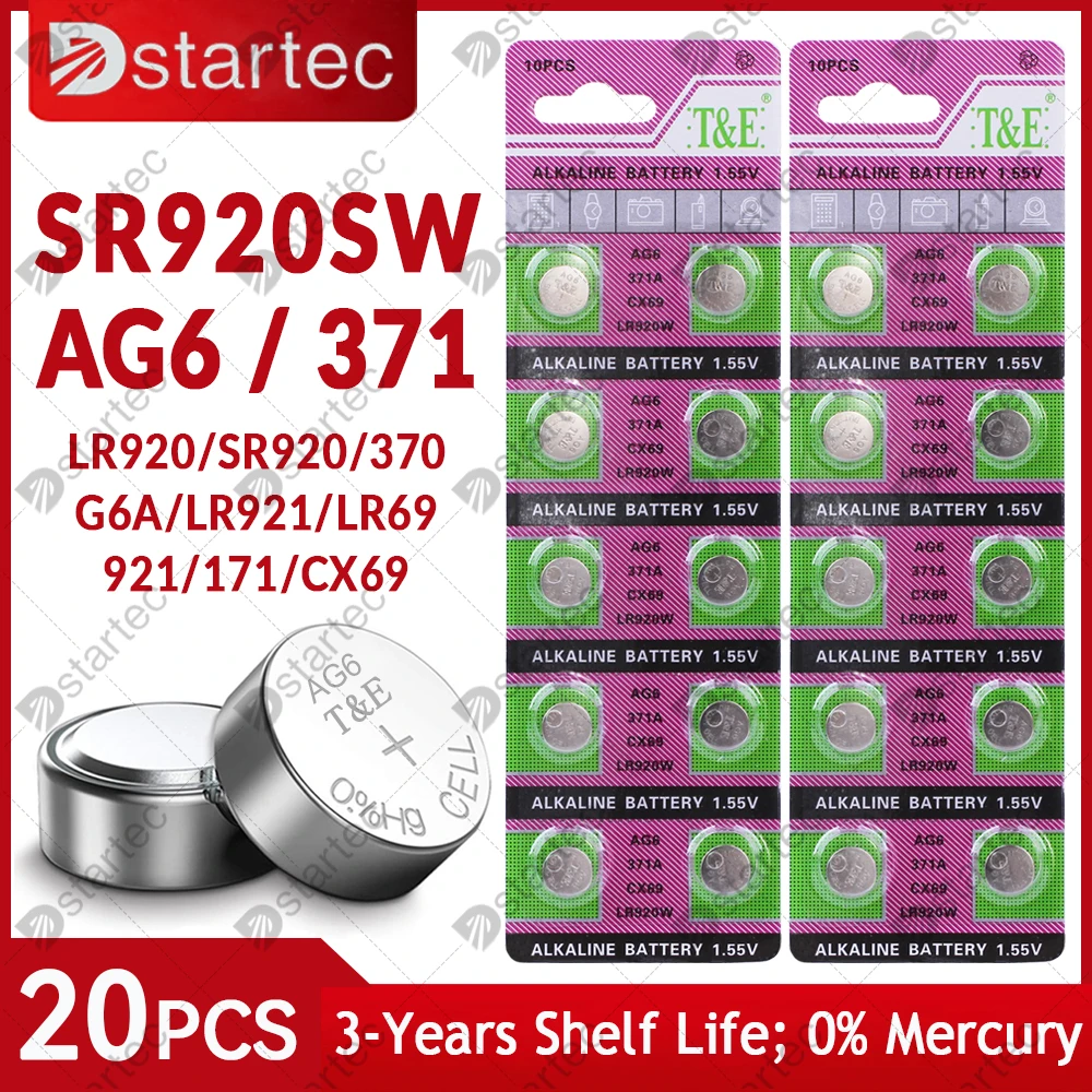 20PCS AG6 LR920 370 1.55V 버튼 배터리 시계 장난감 원격 L921 LR69 SR920 370 371A 171 SR920SW 셀 동전 알카라인 배터리
