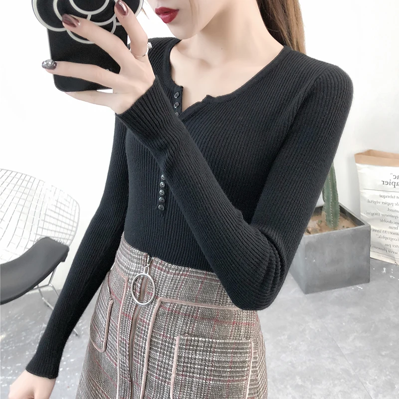 Autumn Winter Button V Neck Sweater Women Basic Solid Slim Pullover Women Sweaters Knitted Casual Jumper Ladies Tops