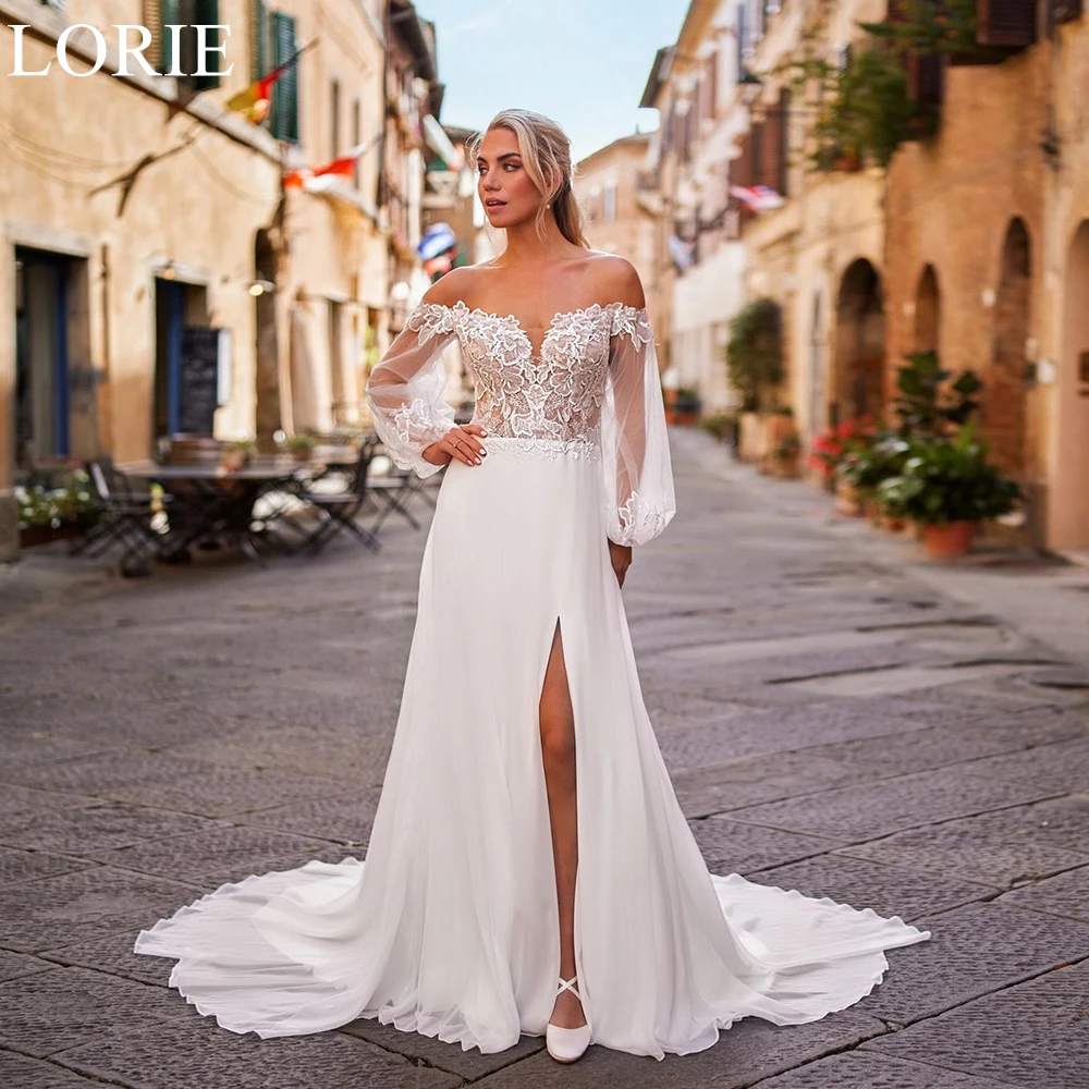 

LORIE Elegant Wedding Dresses Lace Appliques Off Shoulder A-Line Puff Sleeves Bride Prom Gown Side Slit Bridal Gowns Customized