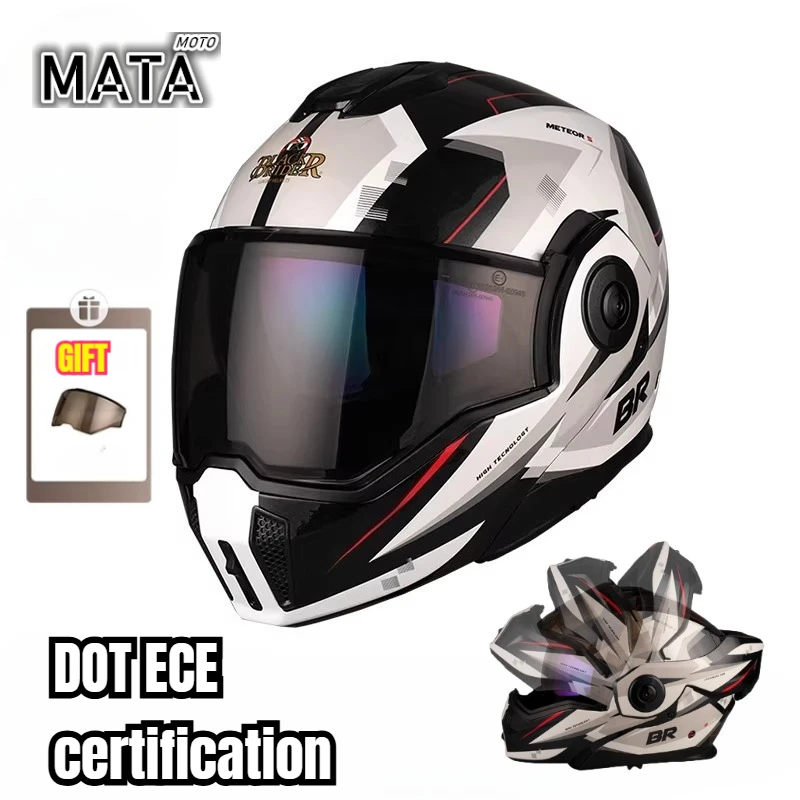 BR Carbon Fiber Motorcycle Helmet Back Flip High-end Face Helmet Double Lens Motorcycle Anti-fog Helmet Motorcycle Equipment