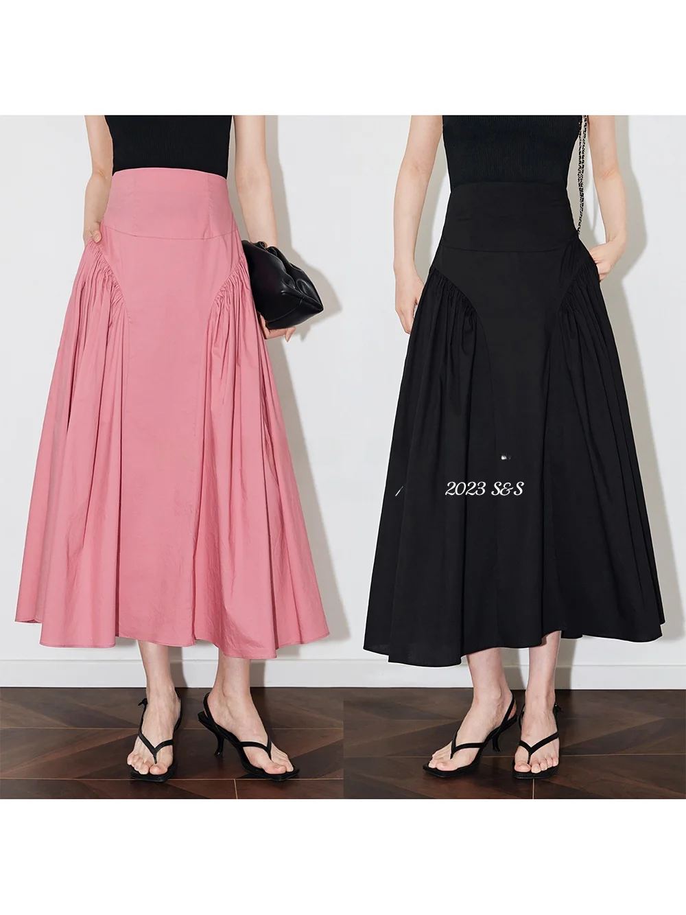

SUK Spring Summer A-Line Skirt Women's Versatile Pleated Design Slimming ape Partition Design Casual Cotton Midi Skirt