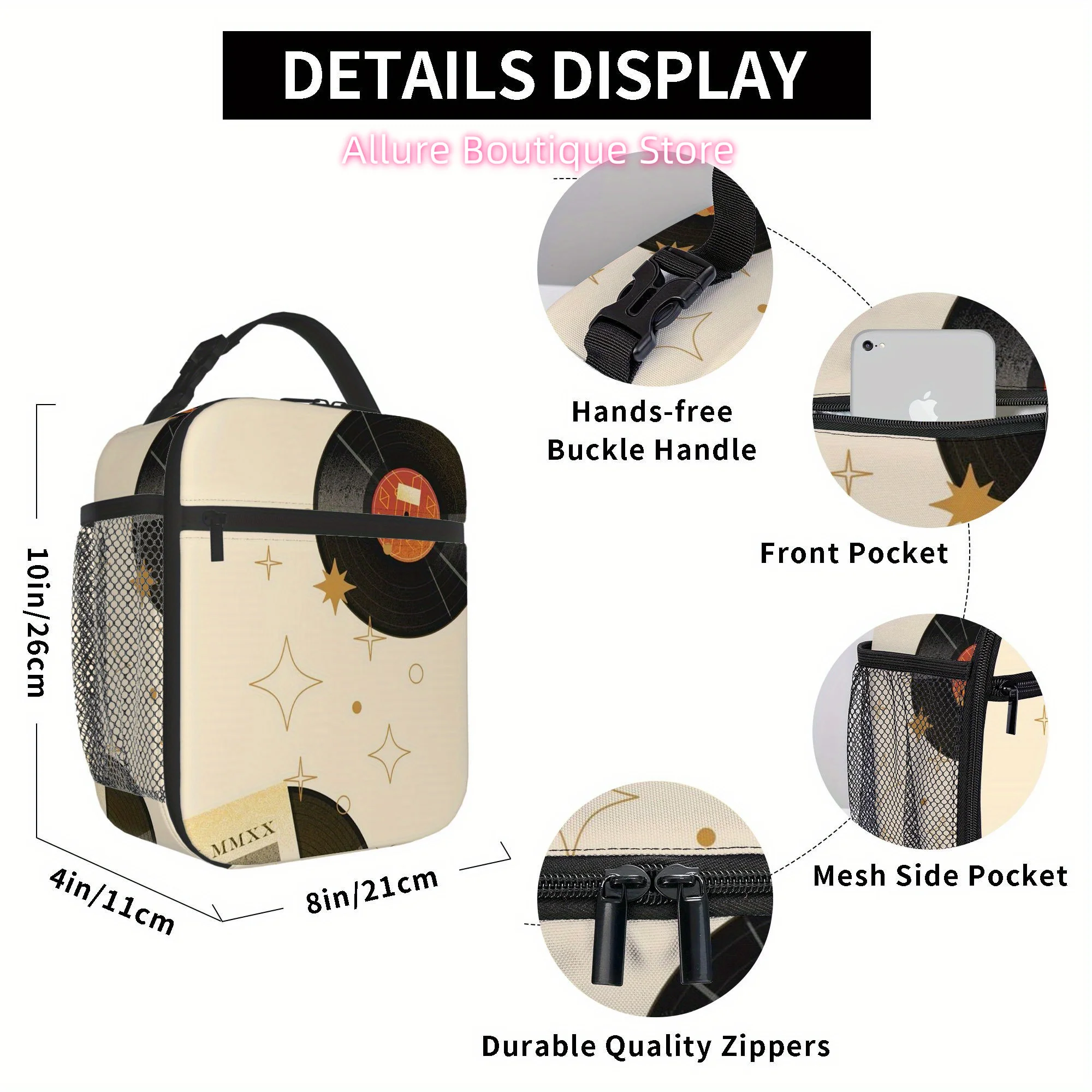 1pc Vintage Vinyl Record Thermal Bag - Insulated Lunch Tote with Retro Music Design ( LPs, Stars), Non-Food Contact Thermal Insu