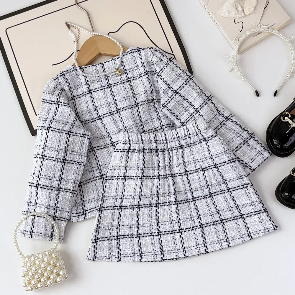 3 4 5 6 7 Year Old Korean Version Fashionable Girls Clothes Autumn Long Sleeved Checkered Cardigan+Short Skirt Two-piece Set