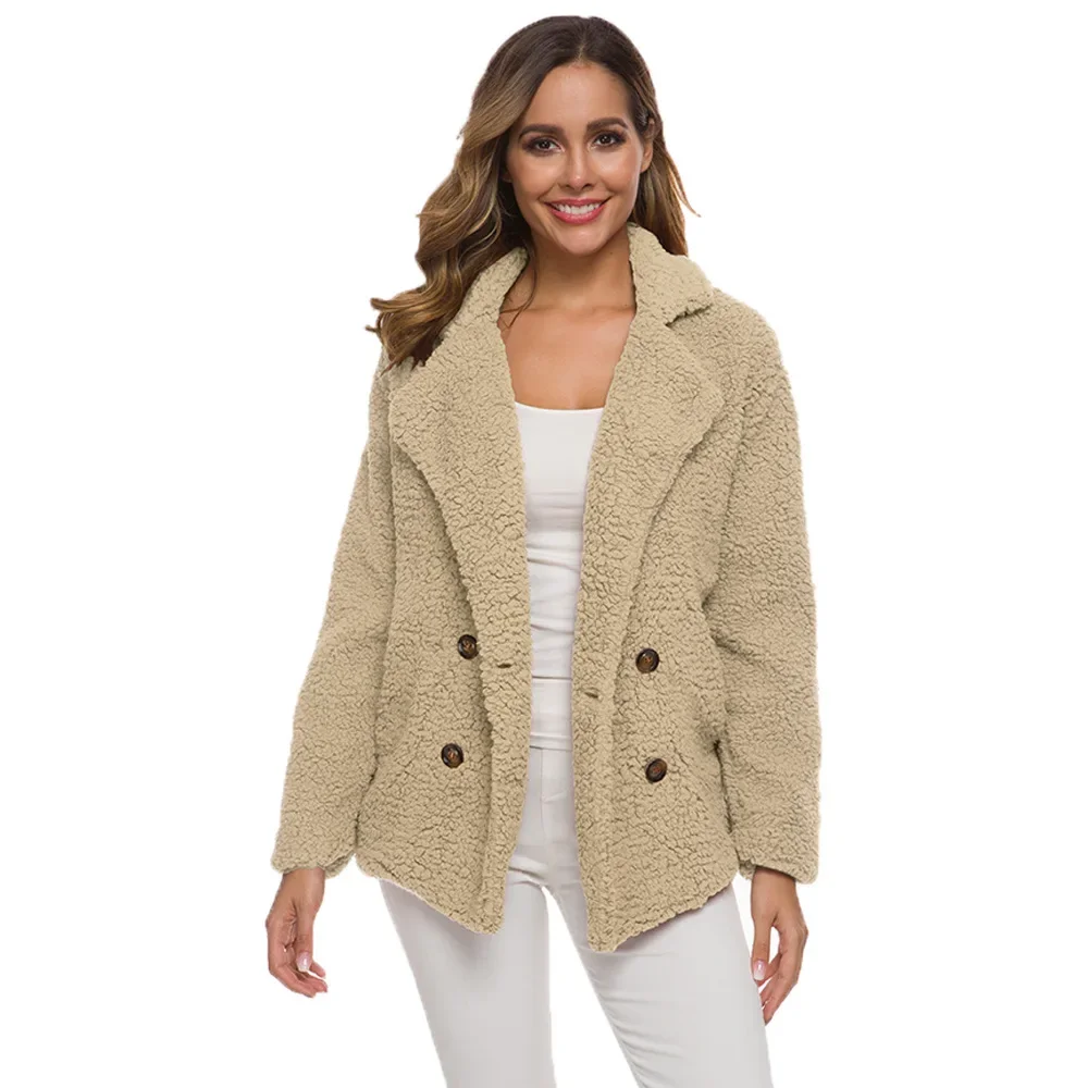 

New Street Fashion Lamb Wool Lapel Double-breasted Coat for Autumn and Winter, Solid Color Casual Loose Patchwork Coat Women