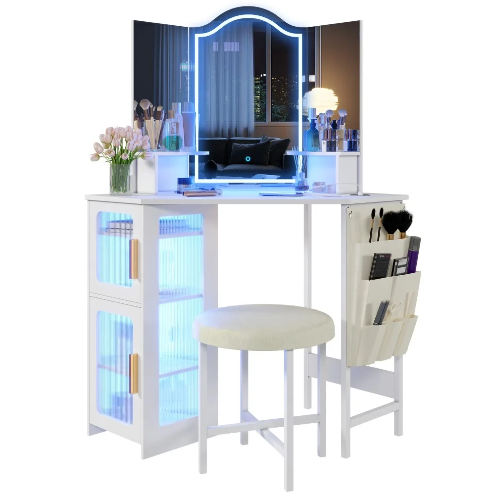Bureau de vanité d'angle de lumières LED avec le bureau de vanité d'angle d'armoire de rangement
