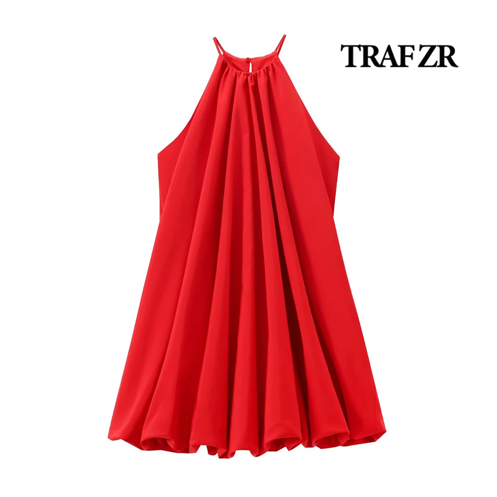 

TRAF ZR Fabulous Pleated Camis Ball Gown Fully Lined Short Dresses with Side Pocket Sweet Female Ruffled Mini Party Vestidos