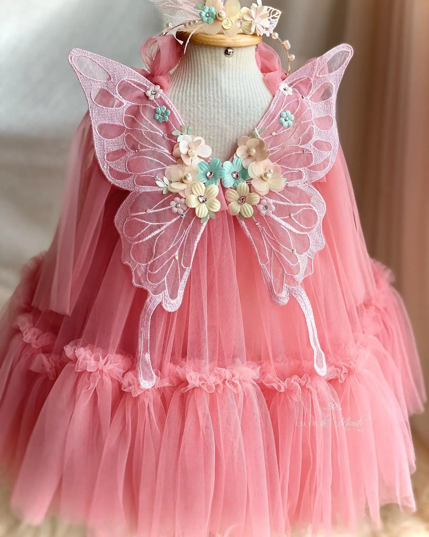 Coral Tulle Flower Girls Dresses For Weddings Butterfly 3D Floral Birthday Children Tulle Dress Girl Pageant Gowns