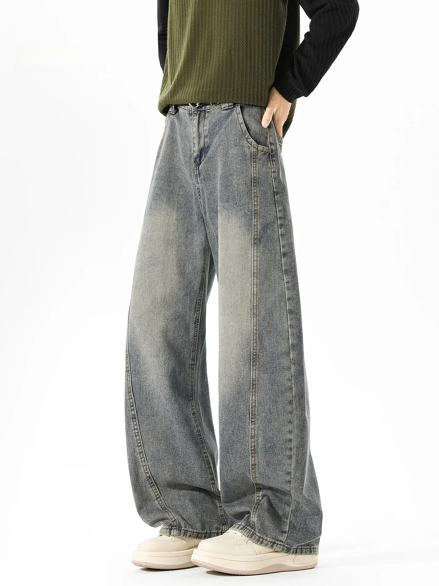 

Men's Straight Leg Fce Lined Thiened Waed Denim Jeans Autumn Winter High Street Sle Wide Leg Pants Casual Wear