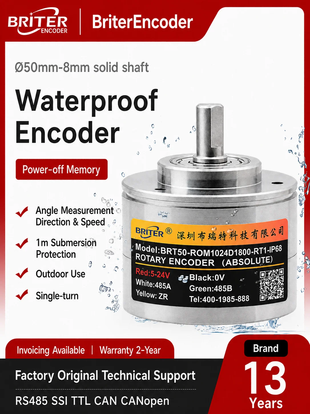 

8mm solid shaft Waterproof Rotary Encoder Absolute Singleturn CANopen Magnetic 8mm Shaft Angle Speed Position Sensor