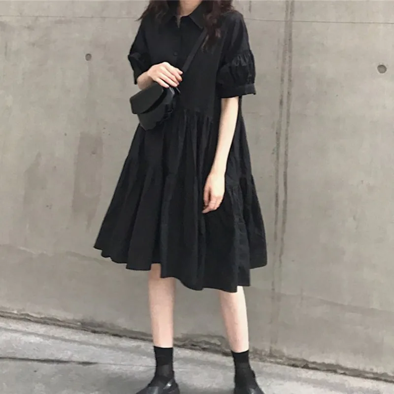 Summer New Sle plus Size Retro Bla Dr Women's Loose Meat Concealing ort Sve Dr  Collar High Waist A-Line S...