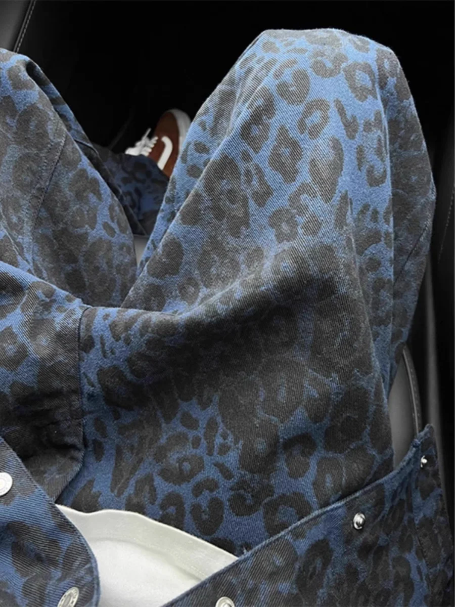 American High Street Blue Leopard Print Men's Jeans Loose Straight Leg Casual Long Trousers Summer Fashion Youth Style
