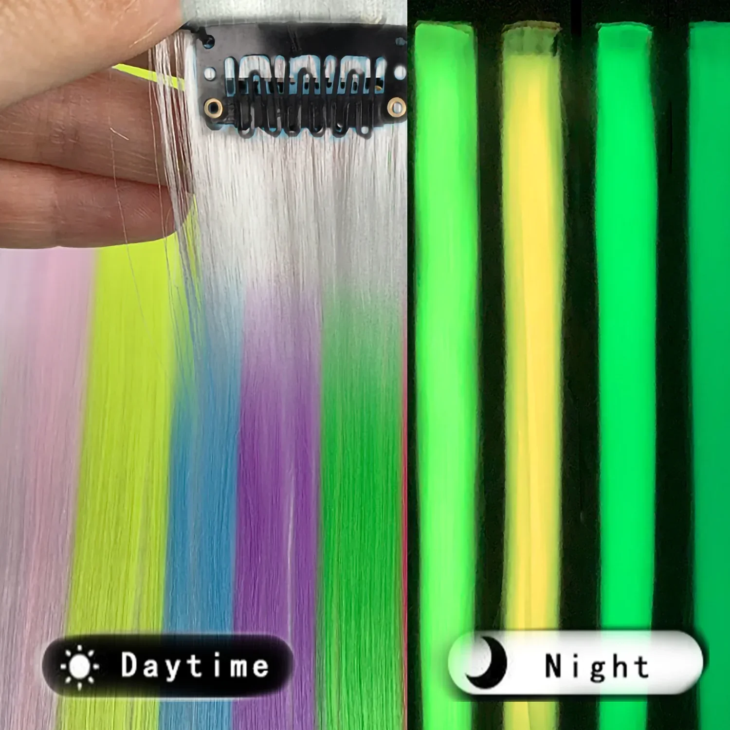 قطعة شعر صناعية ملونة تتوهج في الظلام وصلات شعر بمشبك ملون في وصلات الشعر للفتيات 5 قطعة 20 بوصة #5