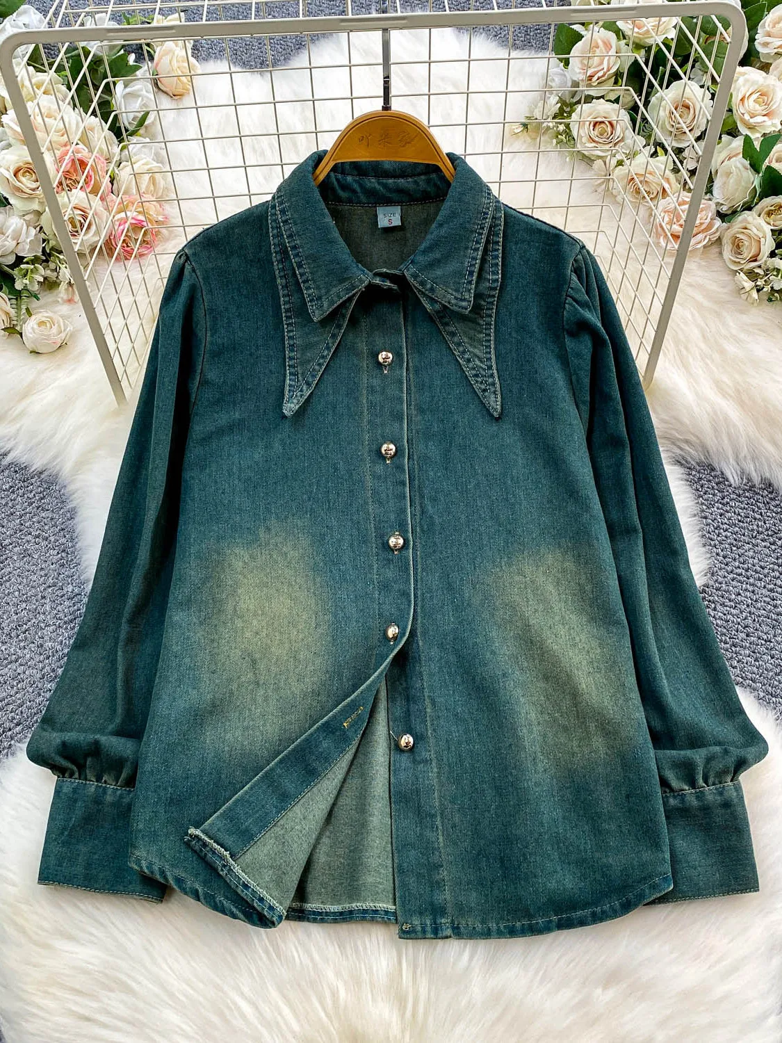 Retro American Worn-look adient Blue Double-layer Collar Denim Jaet Women's Loose Casual All-match Autumn Winter Top