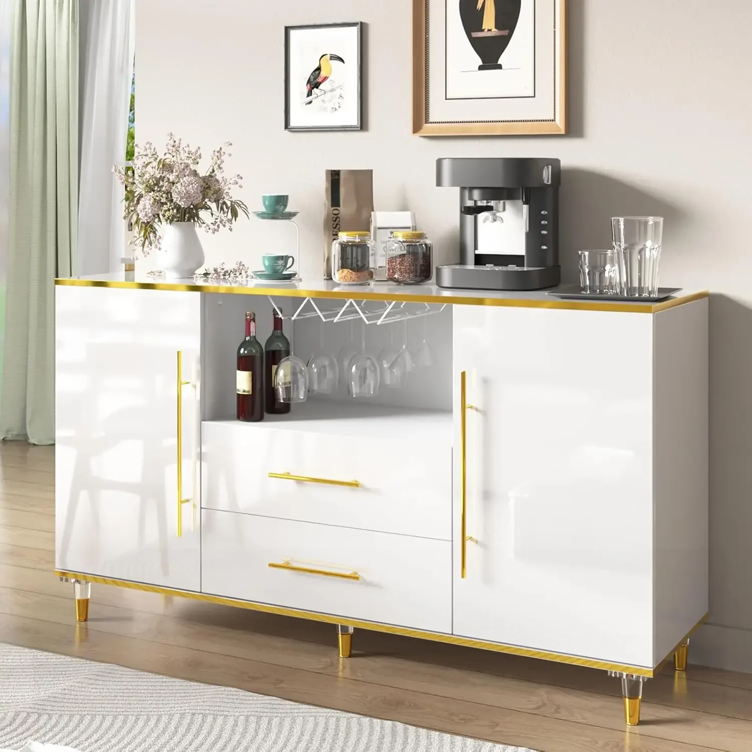 Mobiletto, credenza da cucina da 55" con 2 cassetti e portabicchiere da vino, credenza altamente lucida con ripiani regolabili,