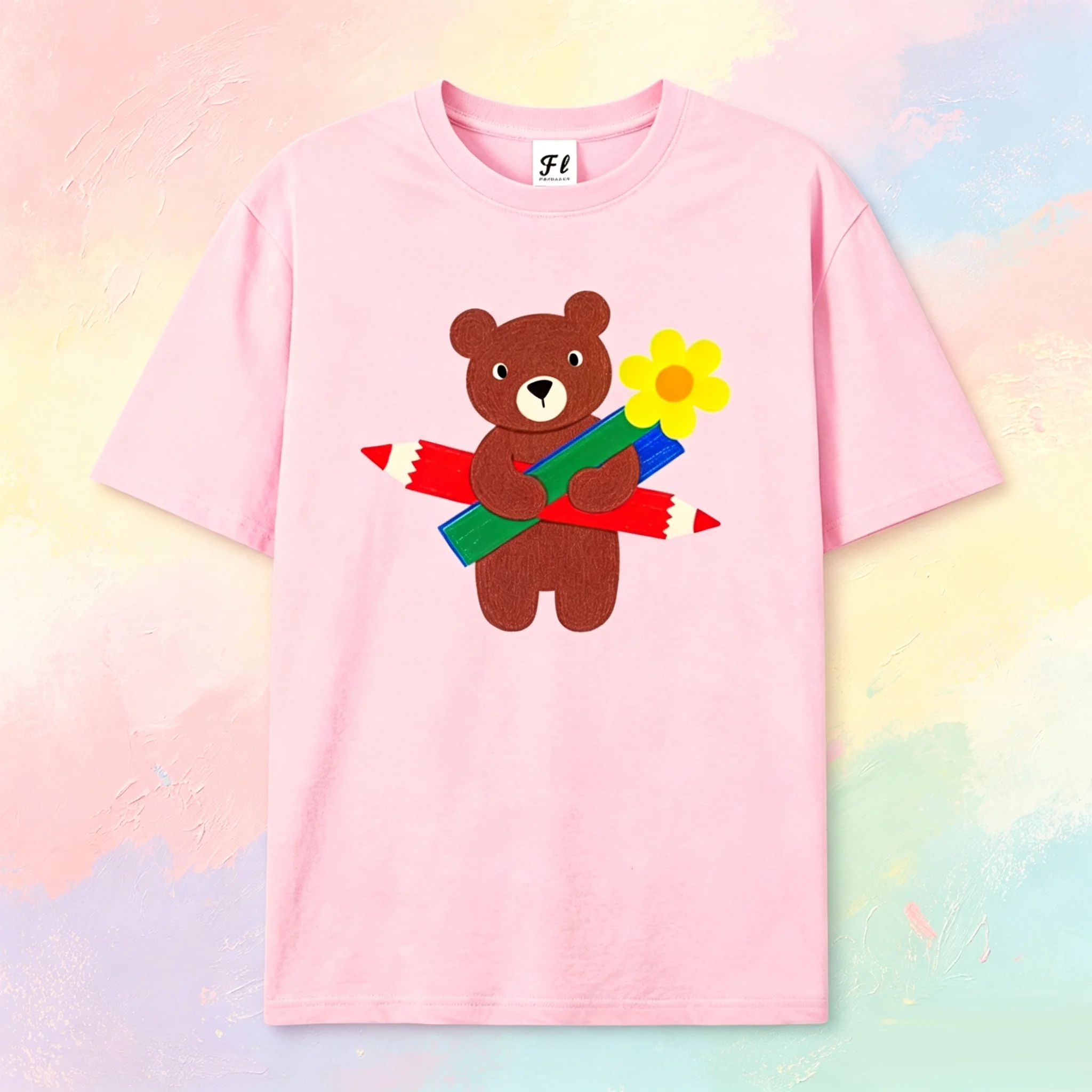 Cute Bear Pencil Flower Print T‑Shirt Women Men Casual Loose Short Sleeve Top Cartoon Animal Graphic Tees Summer Streetwear
