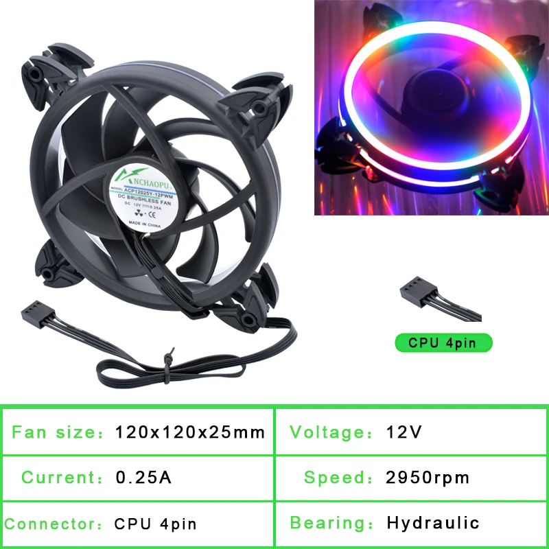 ACP12025Y-12PWM 12cm 120mm 120x120x25mm 12V 0.25A 4 wire control speed RGB color lamp cooling fan suitable for chassis CPU