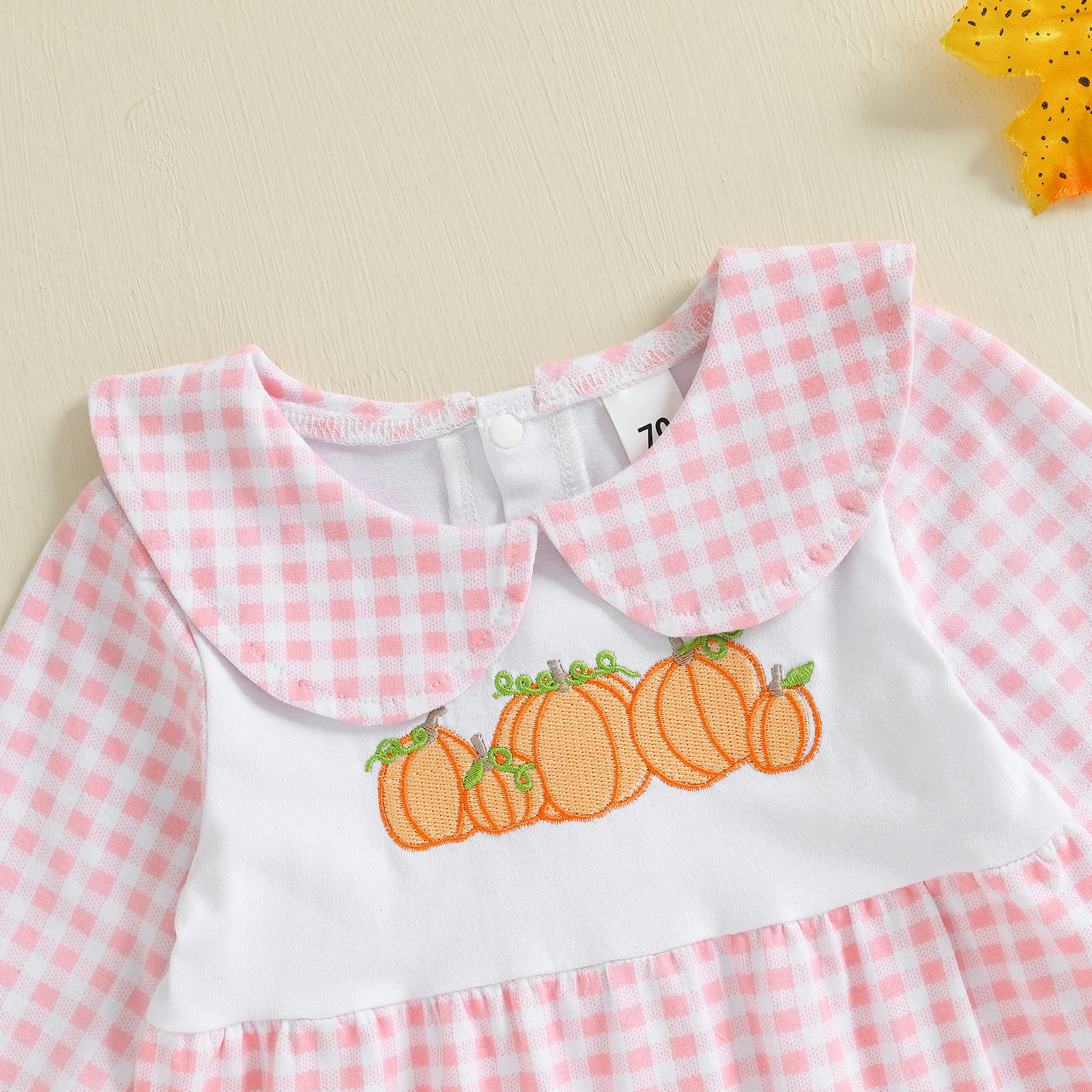 SUNSIOM 0-18 Months Baby Halloween Romper Pumpkin Embroidery Plaid Doll Collar Long Sleeve Footie Jumpsuit for Fall