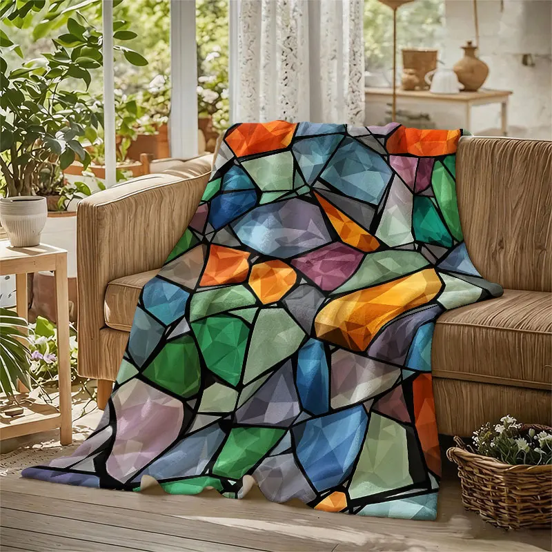 Low Poly Stained Glass Flannel Blanket Perfect for Sofa Office Bed Travel Sleep Read Relax Camping Four Season Use
