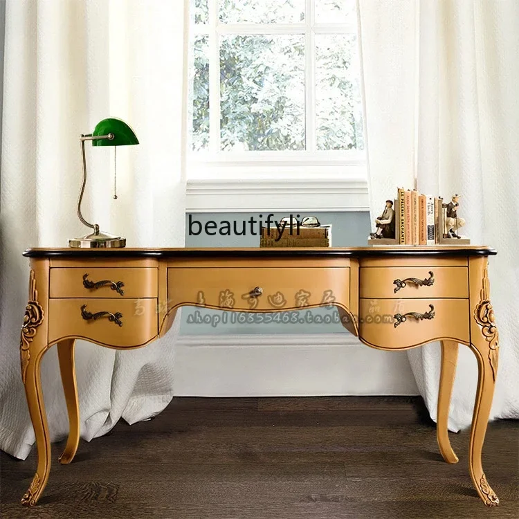 cc182French neoclassical study furniture, European yellow gold-painted retro old solid wood desk R