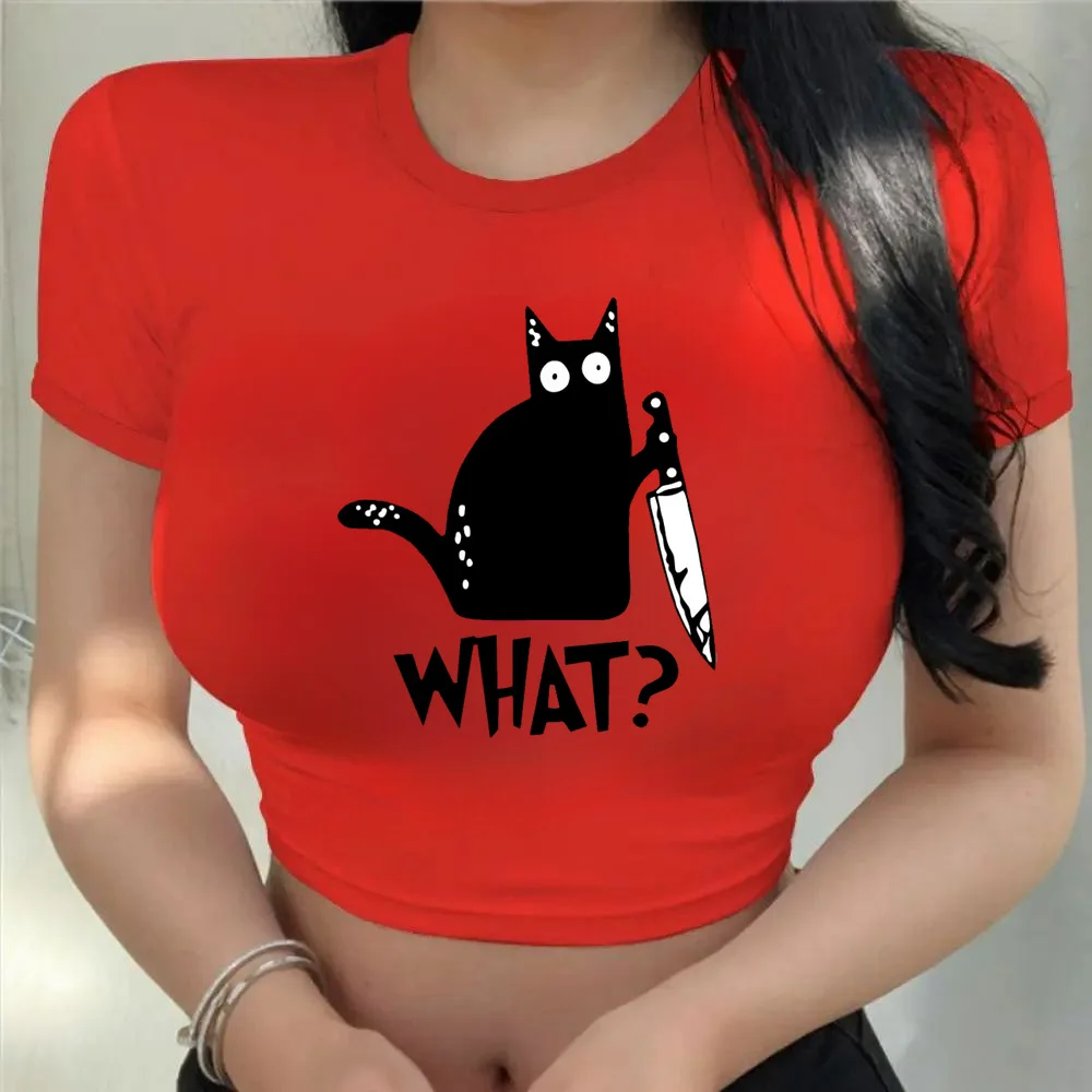 Females T-Shirts Schrodinger Is Dead Cartoon Black Cat Print T Shirt Women Oversized Soft Snug Loose Tees Funny Crop Tops