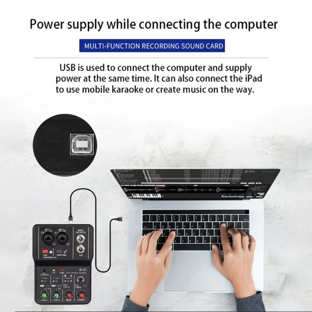 Q-12 Professional Audio Mixer Sound Mixing Console 2 Channels 48V Power Portable Audio Interface Sound Card for Studio Recording