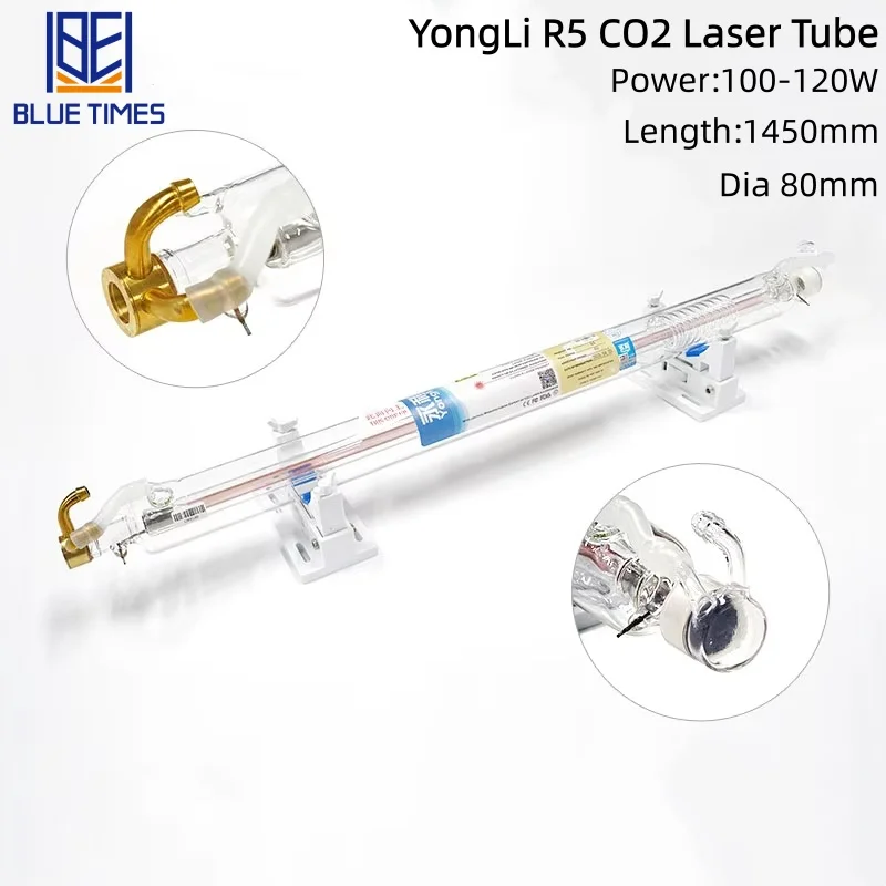 

Лазерная трубка Bluetimes YongLi 100-120W CO2, длина 1450 мм, диаметр 80 мм, высокая мощность R5 для лазерной гравировально-резательной машины CO2.