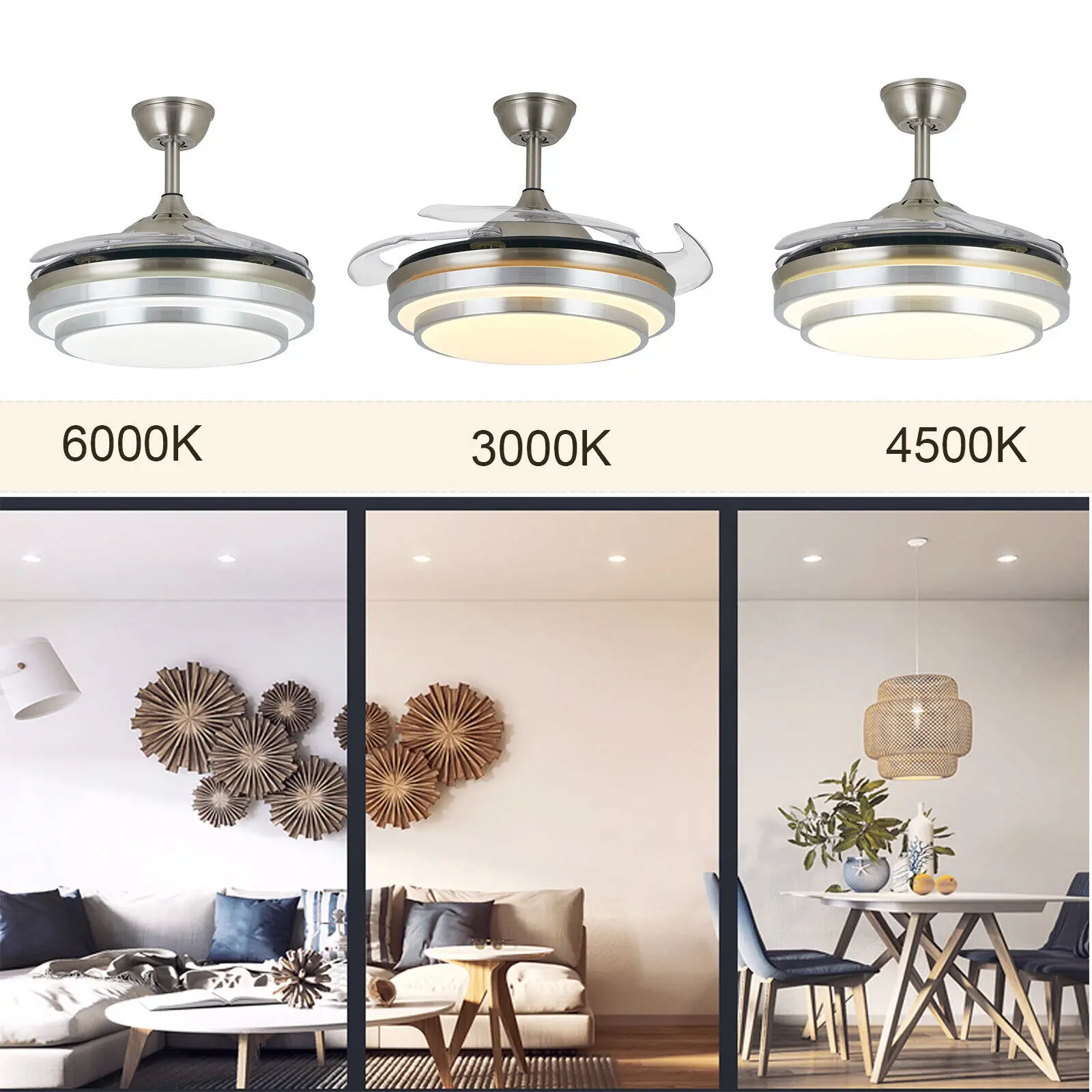 36 Inch Modern Adjustable Invisible Ceiling Fan Light Lamp LED Acrylic ABS Chandelier w/Remote Retractable for Living Room Foyer