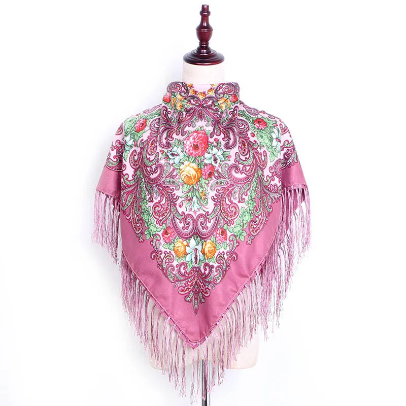 Russian Style Square Scarf Women Floral Print Bandana Shawl Ethnic Fringed Ukrainian Shawl Babushka Handkerchief Lady Pashmina