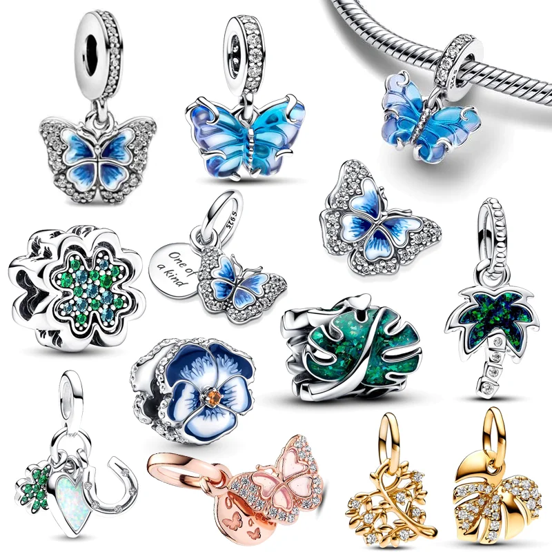 925 Silver Blue Murano Glass Butterfly Green Monstera Leaves Palm Tree DIY Beads Fit Original Pandora Charm Bracelet DIY Jewelry