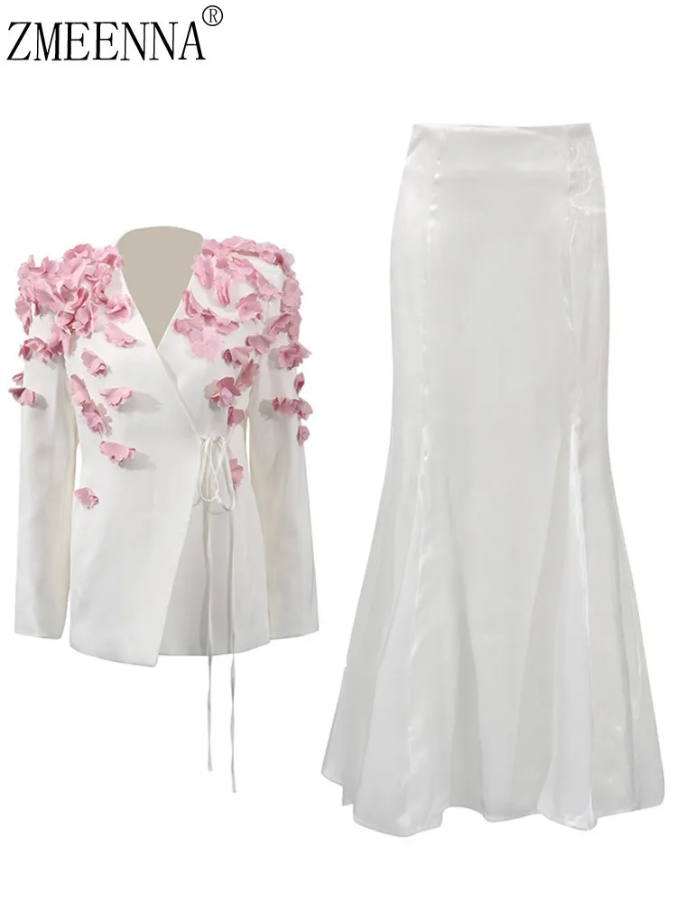 

ZMEENNA Womens White Floral Applique Blazer And Mermaid Maxi Skirt Set Elegant V Neck Wrap Top With Pink Petal Details ZM3214