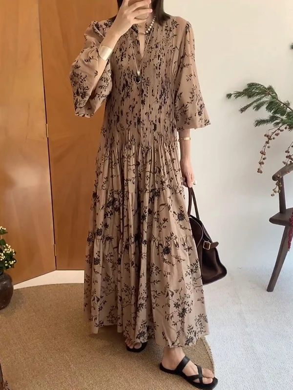 

Ретро-роскошное черное платье А-силуэта с плиссированными рукавами-фонариками и цветочным принтом из полиэстера для женщин