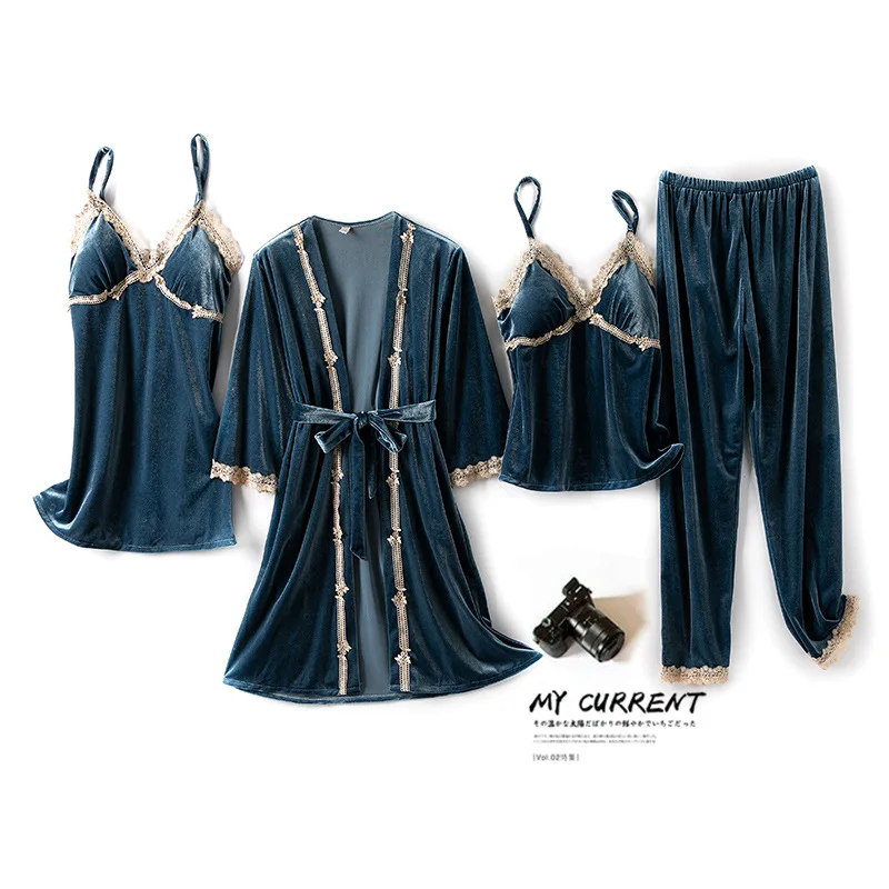 

Velvet Pajamas Loose Homewear Four Piece Set Autumn Winter Velour Women Sleepwear Loungewear Sexy Lace Trim Kimono Bathrobe Gown