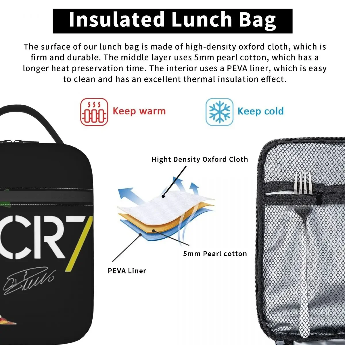 Cr7 Cristiano Ronaldo Signature Thermal Insulated Lunch Bag for Picnic Football Portable Box Men Women Cooler Thermal Lunch Box