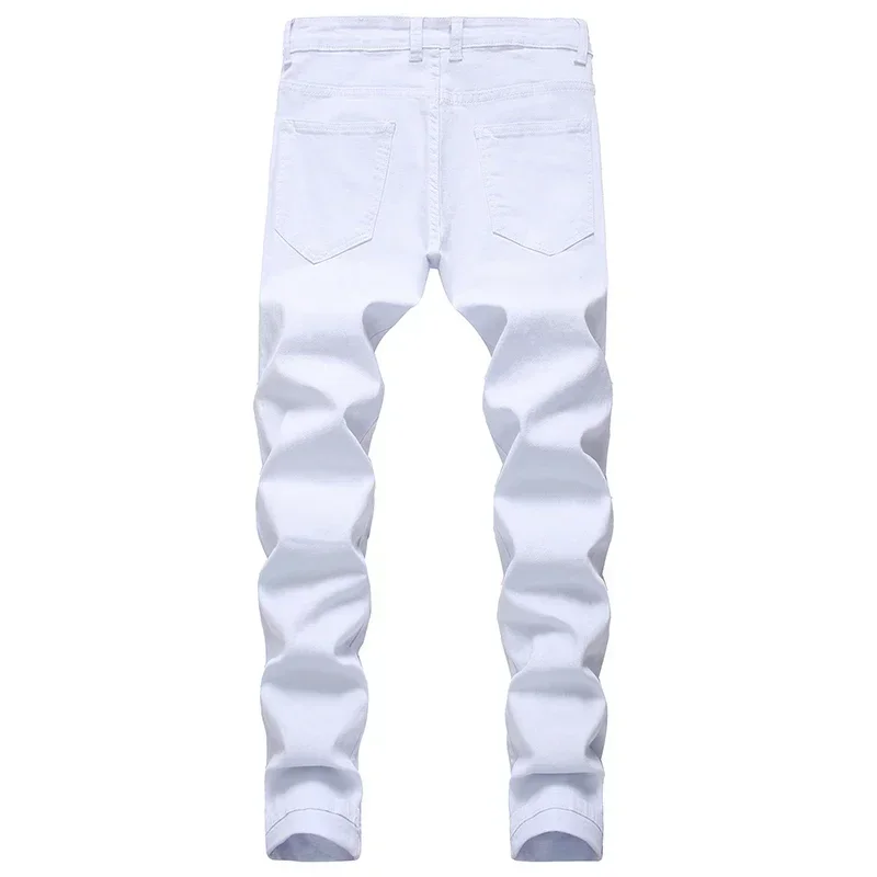 

Straight Hole Destruction Trousers Distressed Jeans Men Denim Trousers Fashion Designer Brand White Pants Male Large Size