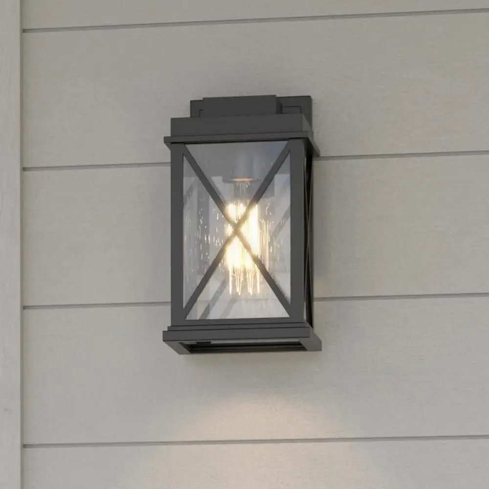 Matte Black Farmhouse Outdoor Wall Lantern Clear Glass X-Brace Design Dimmable Fixture