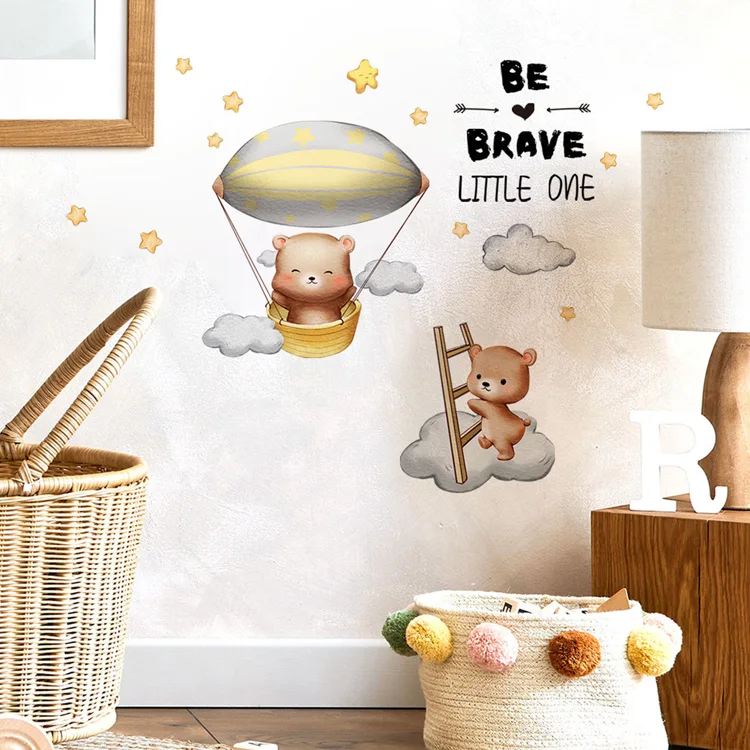 Cartoon-Bär-Heißluftballon-Wandaufkleber für Jungen, Kinderzimmer-Dekoration, Wandbild, Hintergrund-Dekoration für Zuhause, selbstklebende niedliche Tapete – Detail 3