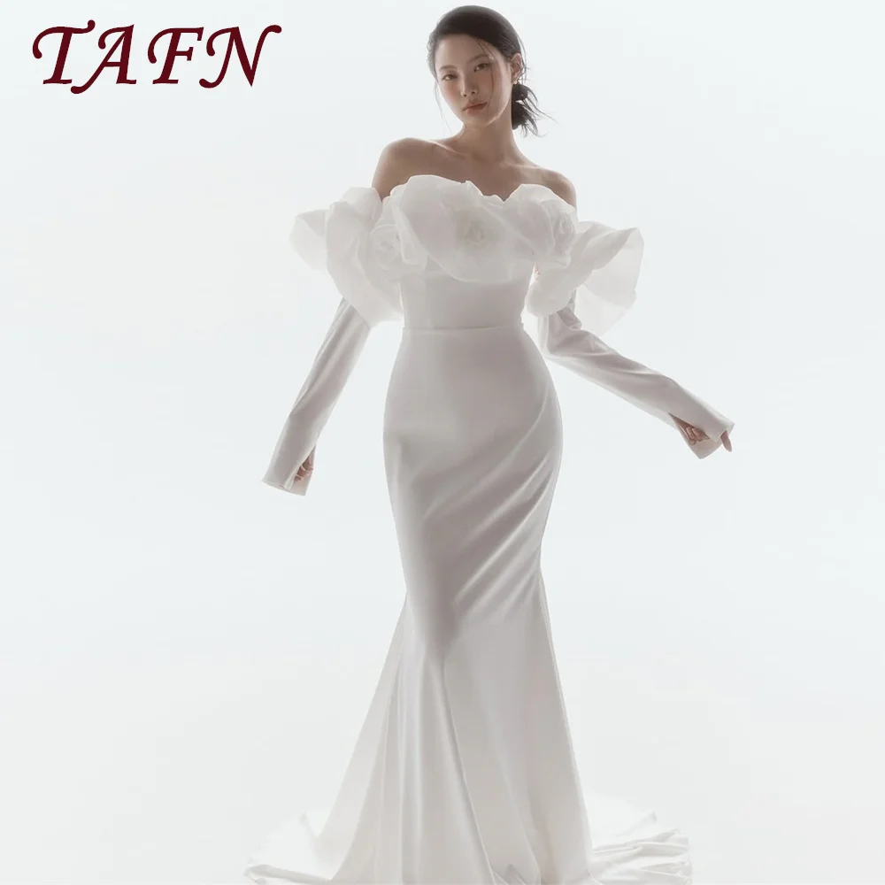 

TAFN Elegant Mermaid Ruffles Wedding Dresses Off Shoulder Long Sleeves Bridal Gowns Pleats Satin Vestidos Noche Sweep Train
