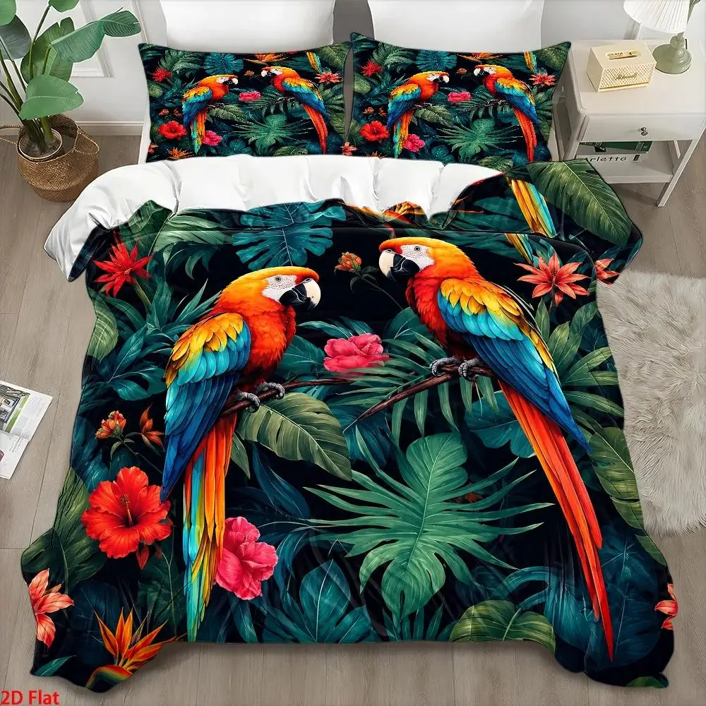 3Pc Tropical Parrot Floral Print Quilt Cover Set, 1*Quilt Cover + 2*Pillowcases, Three-Piece Bedding Set, Skin-Friendly Breathable Double Bed Bedding, Suitable for All Seasons, Machine Washable, Easy to Clean, Durable Bedding, Invisible Zipper Anti-Wrinkle Quilted Quilt Cover, Soft and Comfortable Bedroom Decor Bedding Set, Modern Light Luxury Style, Suitable for Home and Dormitory Master Bedroom, Student Dormitory Bedspread, Large Quilt Cover Set, Nordic Style Cozy Home Bedding Set, Quilt