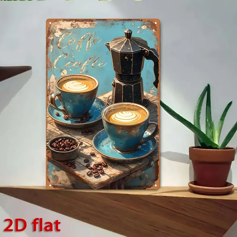 1pc 2D Flat, 1pc, Vintage Metal Sign Featuring Two Latte Mugs And Beans | Dimensions: 20 X 30 Cm / 8 X 12 Inches | Ideal for Dec