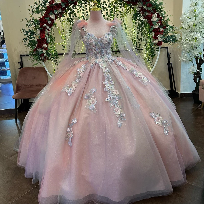 

Sparkly Pink Princess Ball Gown Quinceanera Dresses 2025 Appliques Spaghetti Strap Sweetheart Sequined Vestidos De 15 Años Gala