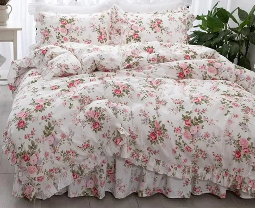 Garden Flower Print King Size Bedding Set Ruffle Duvet Cover Bed Sheet Princess Bed Linens Bedding Set Queen Comforter Sets