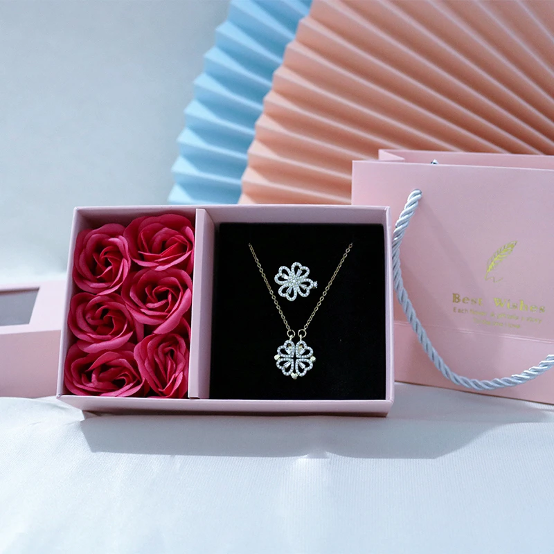 Jewelry Gift Rose Box Set Luxury Four Leaf Clover Pendant Necklace for Women Crystal Heart Magnetic Ring Gifts for Girl Mom Wife