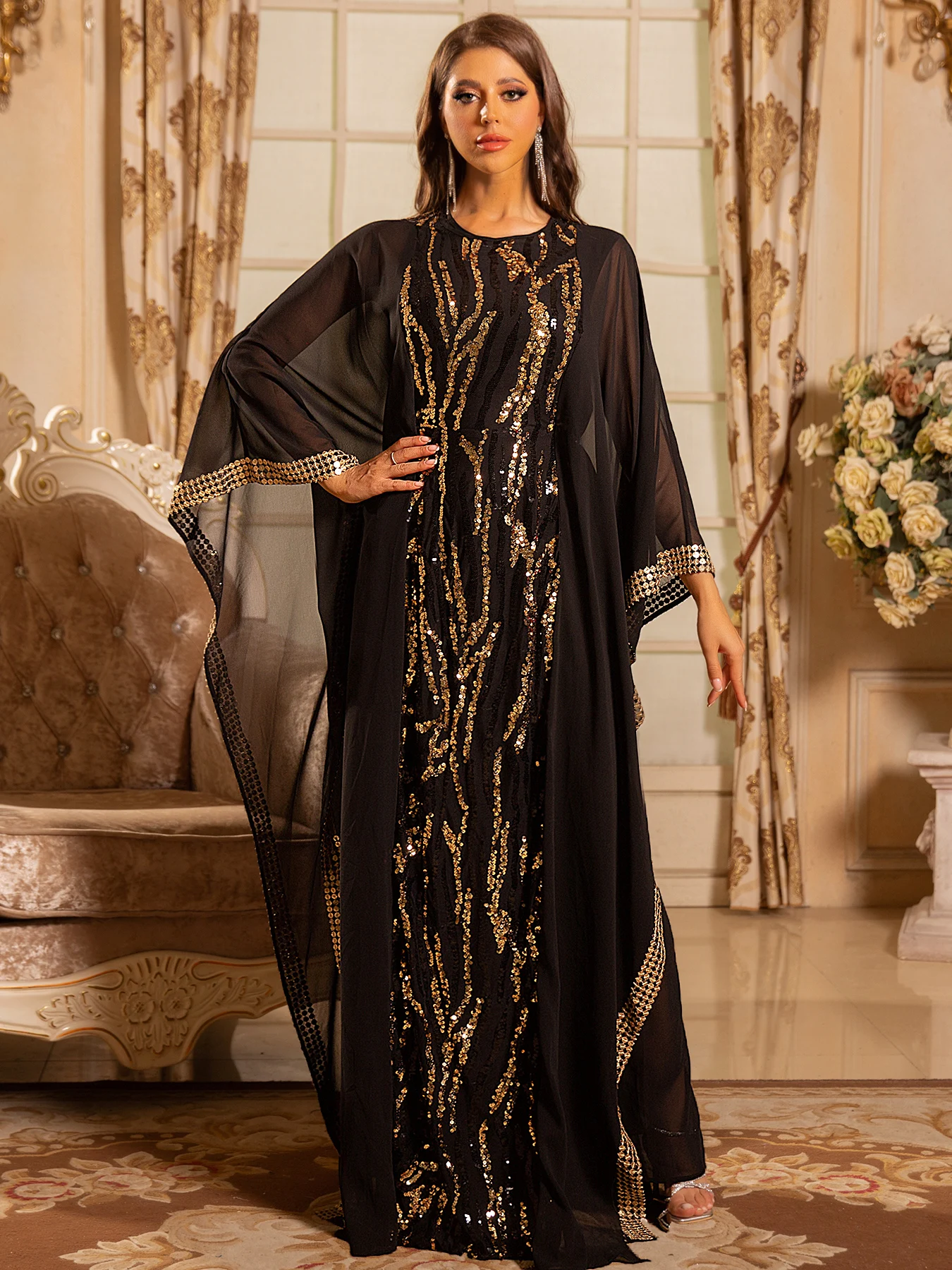 

Комплект из 2 предметов: Элегантное вечернее платье-халат из шифона с золотыми пайетками для женщин Ближнего Востока