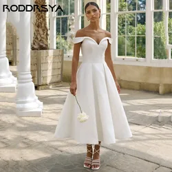 RODDRSYA Simple Soft Satin Wedding Dresses Off Shoulder Elegant V-Neck Tea-Length robe de soirée Boho Bridal Party Custom Made