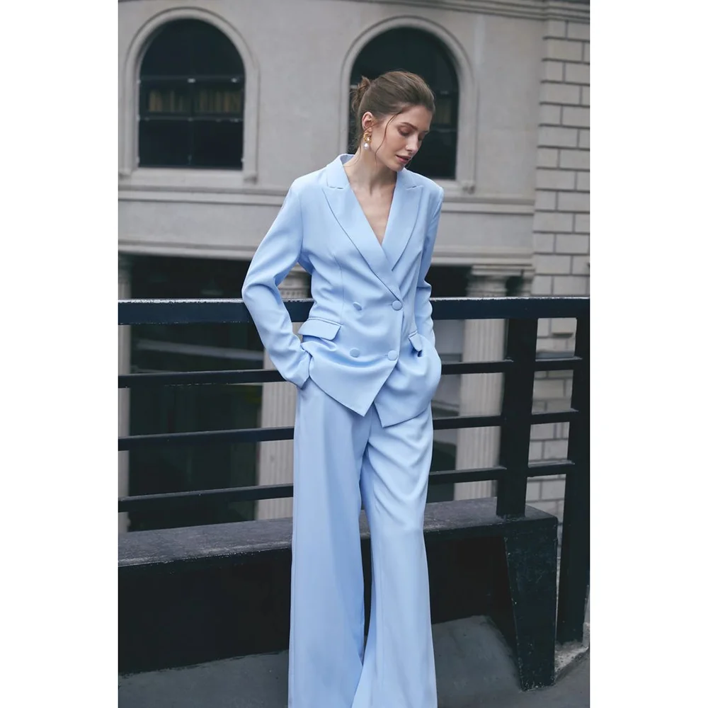 Chic Sky Blue Double Breasted Women Pants Suit 2 Pieces Blazer Trousers Custom Made Set Formal Evening Party Dress