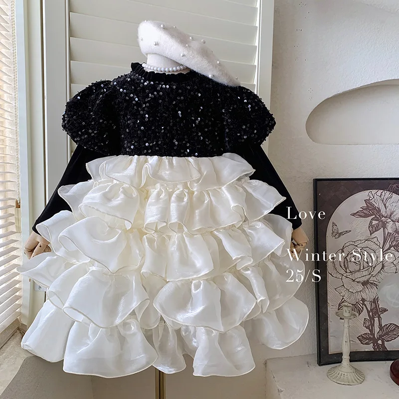 

Girls' Dress Autumn Winter Sequin Mesh Princess Dress High-end Feel Thickened Sleeves Fleece Lined Puffy Dress